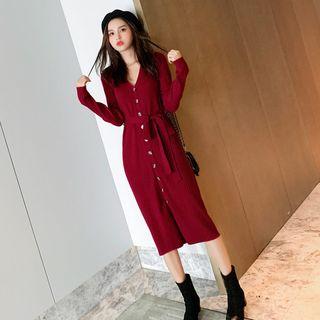 Tie-waist Buttoned Knit Dress