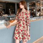3/4-sleeve Rose Print Drawstring A-line Dress