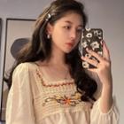 Long-sleeve Floral Embroidered Knit Panel Blouse Red & Green & Yellow & Light Beige - One Size