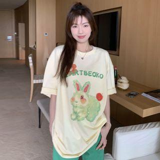 Elbow-sleeve Cartoon Print T-shirt Light Yellow - One Size