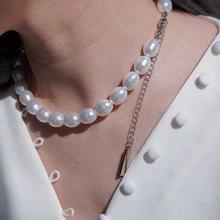 Faux Pearl Alloy Choker 1pc - White & Silver - One Size