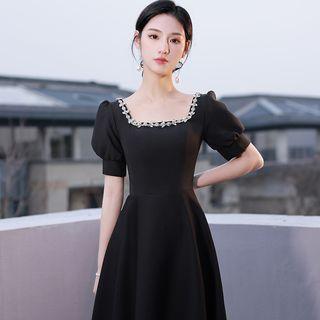 Short-sleeve Rhinestone Trim Midi Cocktail Dress