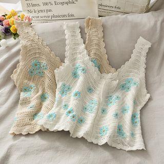 Cropped Flower-embroidered Knit Tank Top