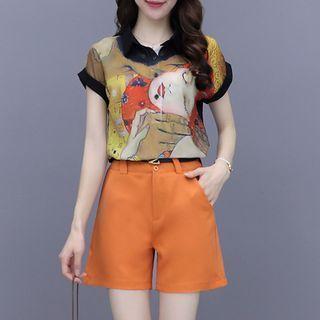 Set: Short-sleeve Printed Blouse + Shorts