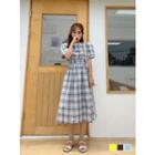 Puff-sleeve A-line Long Check Dress