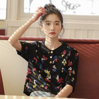 Elbow-sleeve Floral Print Polo Shirt As Shown In Figure - One Size