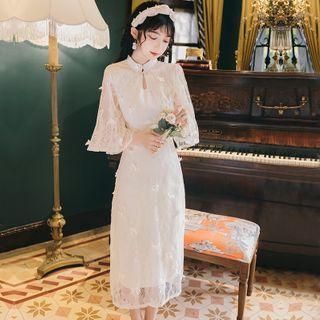 Elbow-sleeve Embellished Lace Midi Qipao Shift Dress