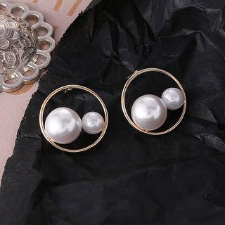 Faux Pearl Hoop Stud Earring 1 Pair - E670 - S925 Silver - Earrings -