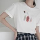 Flower Applique Elbow-sleeve T-shirt