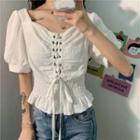 Short-sleeve Lace-up Frill Trim Crop Top White - One Size