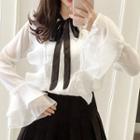 Bell-sleeve Ruffle-trim Tie-neck Shirt