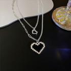 Set Of 2: Hollow Heart Necklace Black & Silver - One Size