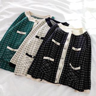 Contrast Trim Plaid Knit Cardigan