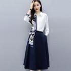 Set: Print Panel Shirt + A-line Midi Skirt