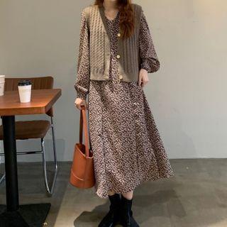 Puff-sleeve Floral Print Midi A-line Dress / Cable Knit Vest