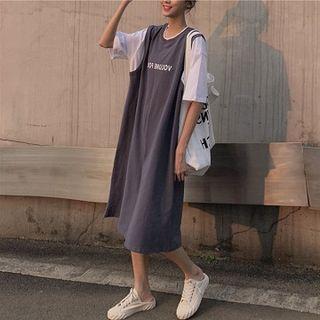 Mock Two-piece Elbow-sleeve Midi T-shirt Dress Grayish Blue & White - One Size