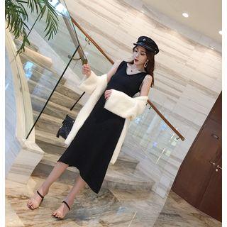 Open Front Long Cardigan / Slit Midi Knit Tank Dress