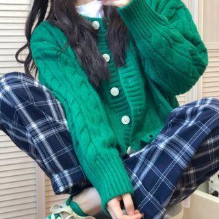 Set : Cable Knit Cardigan + Plaid Straight Cut Pants