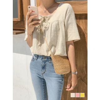 Beribboned Square-neck Shirred-trim Top