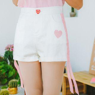 Ribbon Detail Heart Embroidered Shorts