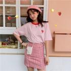 Strawberry Print Crewneck Short-sleeve Top / Color-block Plaid High-waist Skirt