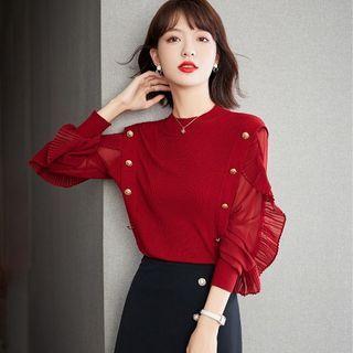 Ruffled Paneled Ribbed Knit Top