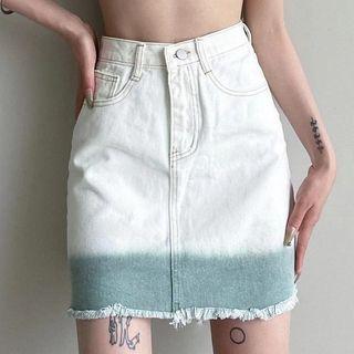 Gradient Distressed Mini Pencil Skirt