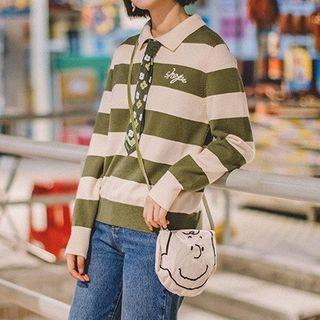 Color-block Stripe Polo-neck Knit Top
