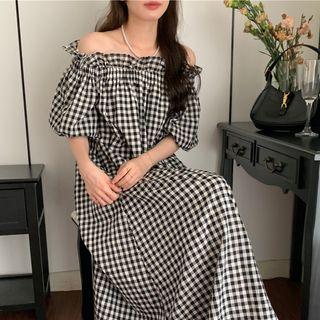 Elbow-sleeve Plaid A-line Midi Dress Gingham - Black & White - One Size