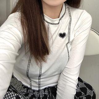 Long-sleeve Contrast Stitching Cropped T-shirt White - One Size