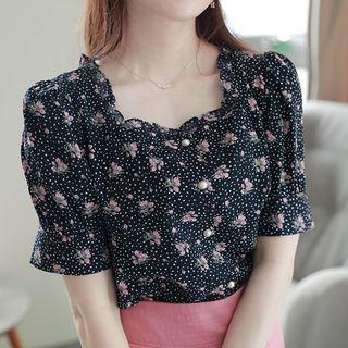 Frilled Square-neck Floral Blouse