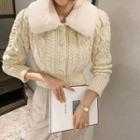 Faux-fur Collar Cable Cardigan Ivory - One Size