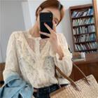 Long-sleeve Buttoned Lace Top Almond - One Size
