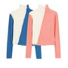 Mock-neck Two-tone Long-sleeve Top