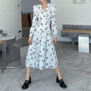 Long-sleeve Ribbon Print Double Breasted A-line Midi Dress