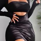 Set: Long-sleeve Scoop-neck Mini Bodycon Dress + Tube Top
