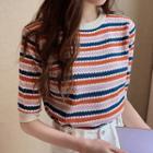 Elbow Sleeve Striped Knit Top Pink - One Size
