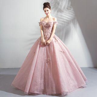 Off-shoulder Short-sleeve Embellished A-line Evening Gown