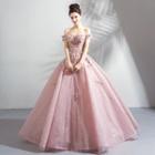 Off-shoulder Short-sleeve Embellished A-line Evening Gown