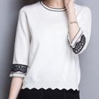 Elbow-sleeve Lace Panel Knit Crop Top