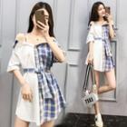 Plaid Panel Off Shoulder Elbow Sleeve Shirt Dress