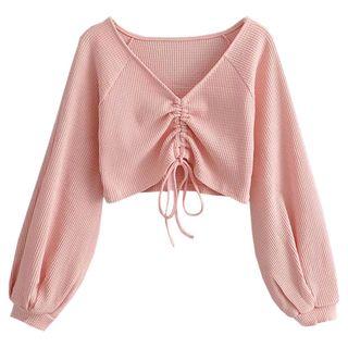 Cropped Drawstring Ribbed Lantern-sleeve Top