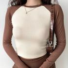 Long-sleeve Round-neck Cropped Color-block Top