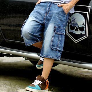 Denim Wide-leg Cargo Capri Pants