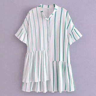 Short-sleeve Stand-collar Striped Irregular Panel Shirtdress
