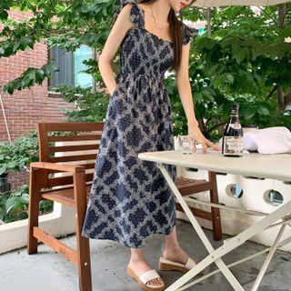 Frill-sleeve Smocked Paisley Long Dress