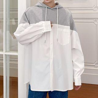 Color Panel Hooded Long-sleeve Shirt