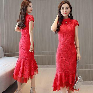 Short-sleeve Keyhole-front Midi Lace Dress