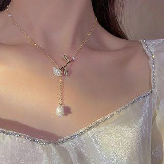 Rose Faux Pearl Pendant Alloy Necklace Gold - One Size