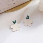 Heart Flower Dangle Earring 1 Pair - Earrings - S925 Silver - Flower - White & Green - One Size